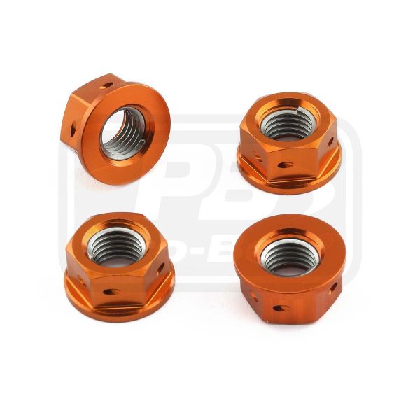 Aluminium Sprocket Nuts M10x(1.25mm) Drilled Pack x4 Orange